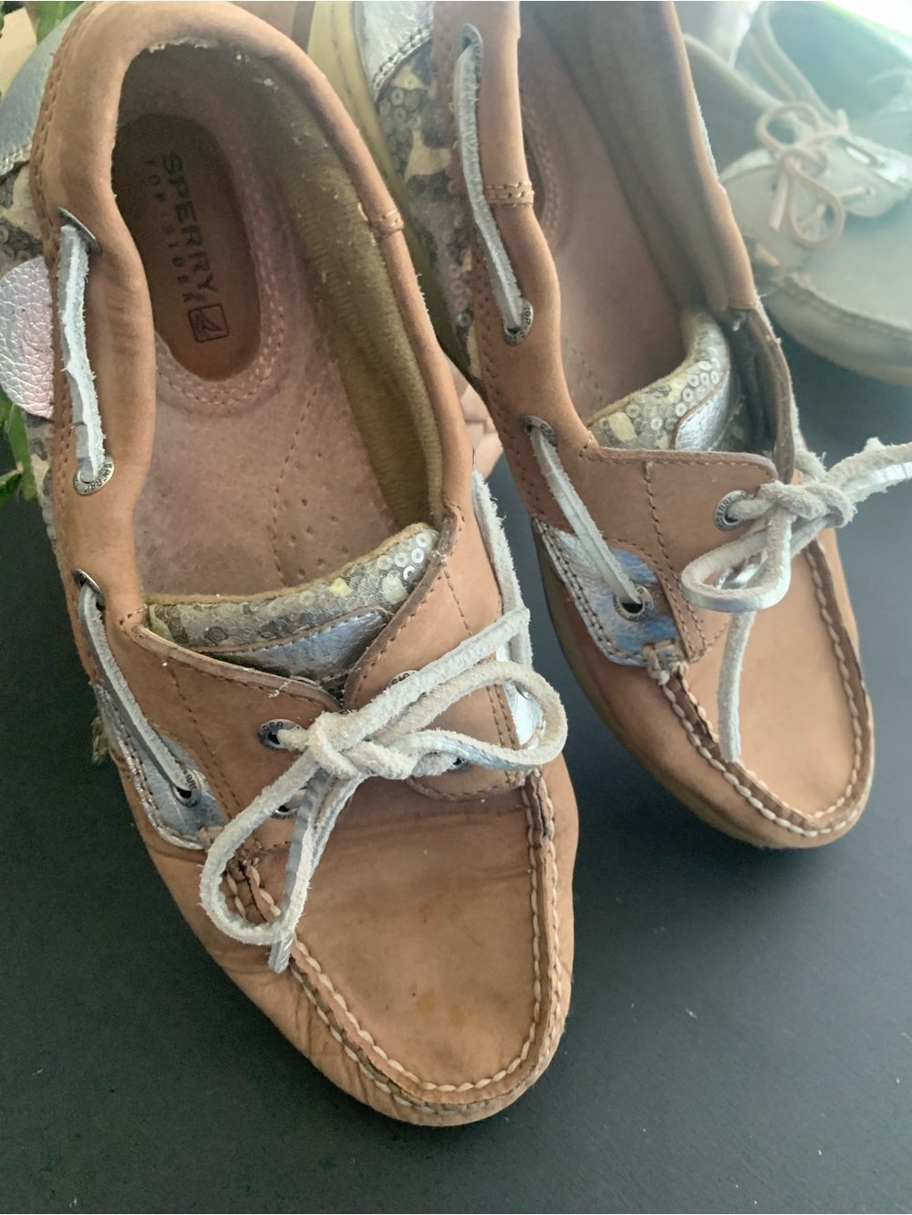 Sperry Women’s Tan Leather Boat Shoes with Sequin & Silver Accent